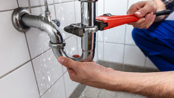 plumber repairing leaking pipe with wrench near tiled wall in a home bathroom focusing on plumbing tips and techniques for issue number 9