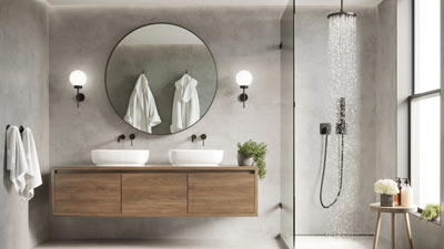 modern bathroom design featuring double sinks round mirror luxurious towels and a sleek shower showcasing 14 design elements for comfort and style