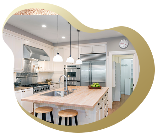 Modern kitchen interior with white cabinets, stainless steel appliances, wooden island, and pendant lighting, featuring a clean and elegant design. Ideal for a cooking space.